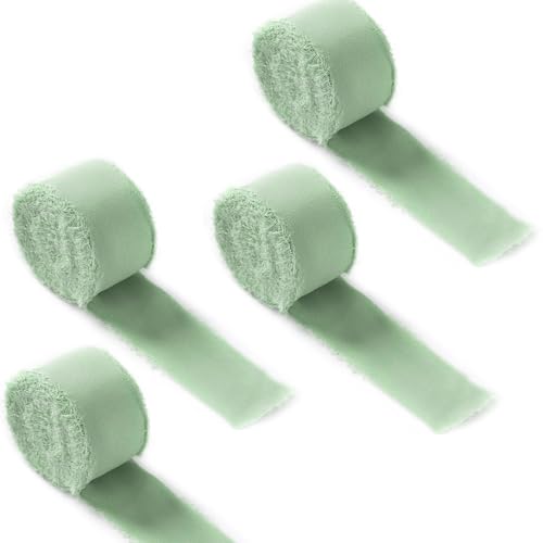 CUEMOON 4 Rollen Chiffonband Geschenkband Hochzeit Chiffonband mit ausgefranster Kante, 3 cm x 20 m, für Hochzeitseinladungen, Brautsträuße, Geschenkverpackungen (Eukalyptusgrün) von CUEMOON