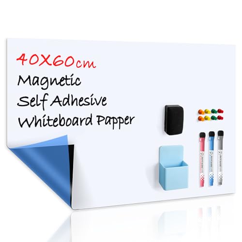 CUHIOY Whiteboard Folie, Selbstklebend Weißwandtafel, Magnetisches Whiteboard, Trocken Abwischbar, Rückstandslos Entfernbar, Für Klassenzimmer Büro Küche, Mit Marker, Radiergummi, Magnet, 60x40cm von CUHIOY