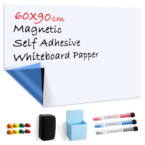 CUHIOY Whiteboard Folie, Selbstklebend Weißwandtafel, Magnetisches Whiteboard, Trocken Abwischbar, Rückstandslos Entfernbar, Für Klassenzimmer Büro Küche, Mit Marker, Radiergummi, Magnet, 60x90cm von CUHIOY