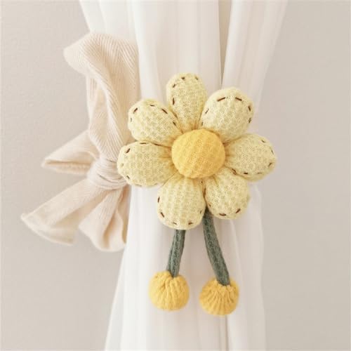 CULASIGN 2 Stück Vorhänge Raffhalter Blumen, Vintage Gestrickte Vorhang Halter Handgefertigte Raffhalter Dekorative Vorhang für Haus, Büro, Wohnzimmer, Fenster Dekoration (Hellgelb) von CULASIGN