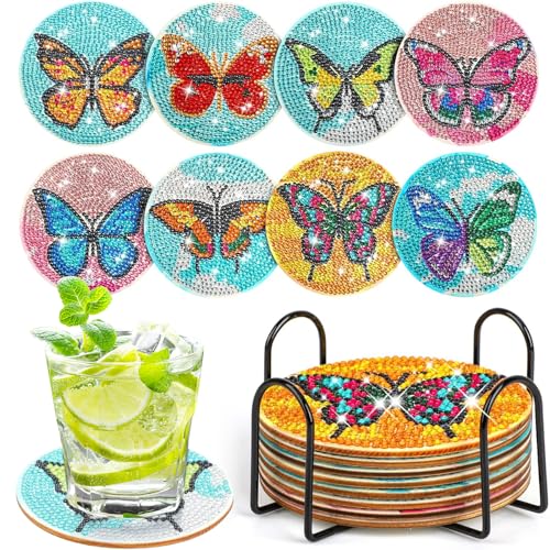 8 Stück Tiere Diamond Painting Untersetzer mit Halter, Pinguine und Schmetterlinge DIY Diamond Art Untersetzer, Diamant Painting Untersetzer für Anfänger Erwachsene Kinder (Schmetterlinge) von CULASIGN