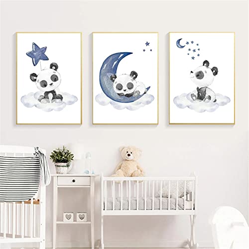 CULASIGN 3er Set Blau Pinguin Panda mit Star Poster, DIN A4 ohne Rahmen Kinderzimmer Babyzimmer Deko Bilder Kinderzimmer Mädchen und Jungen (A) von CULASIGN