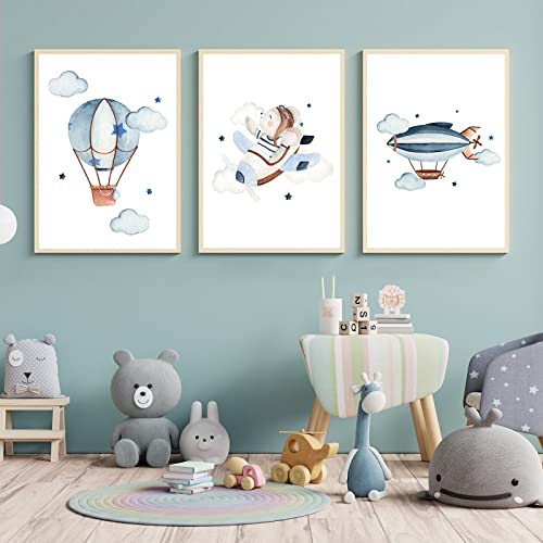 CULASIGN 3er Set Poster Kinderzimmer, A4 Bilder Babyzimmer Kinderposter OHNE Bilderrahmen, Wandbilder Deko Mädchen Junge, Kinderbilder Autos Flugzeuge Heißluftballons (DEF,21x30cm) von CULASIGN