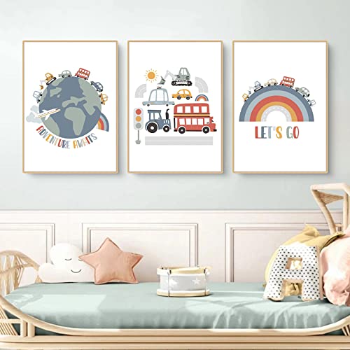 CULASIGN 3er Set Poster für Kinderzimmer, DIN A4 Bilder für Jungen & Mädchen, Autos Straßen Wandbilder Fahrzeuge Kinderposter für Schlafzimmer Babyzimmer Wandeko, Ohne Rahmen (ABC,40x50cm) von CULASIGN