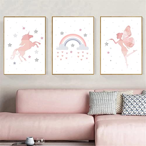 CULASIGN 3er Set Rosa Poster Kinder, Regenbogen, Pferd und Elf Poster, Wandbilder Kinderzimmer Babyzimmer Poster Bilder Mädchen Jungen Deko (21x30cm) von CULASIGN