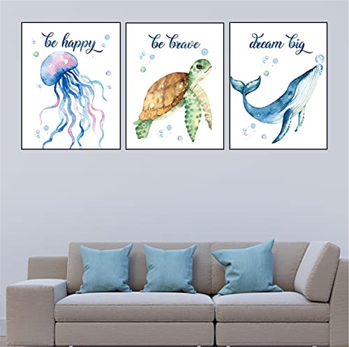 CULASIGN 3er Set Wandbilder Kinderzimmer Babyzimmer Poster,Unterwasserwelt mit Krake Delphin Schildkröte,Bilder DIN A4 Mädchen Jungen Blau Deko Dekoration von CULASIGN