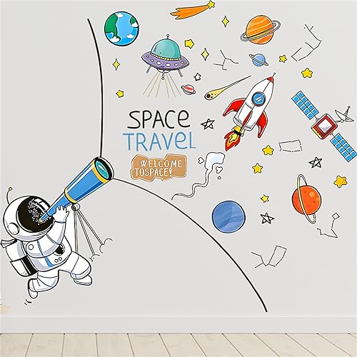 Wandtattoo Kinderzimmer Junge, Wandaufkleber Babyzimmer Astronaut Planeten Raketen Wandsticker Wanddeko Aufkleber für Kinder Schlafzimmer Wohnzimmer (Astronaut-C) von CULASIGN