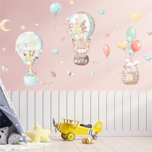 Wandtattoo Kinderzimmer Mädchen, Wandtattoo Heißluftballon Tiere Wolken, Selbstklebend Wandaufkleber Wandsticker Wanddeko für Junge Mädchen Schlafzimmer Babyzimmer (E) von CULASIGN