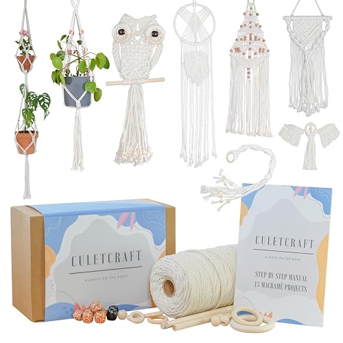 CULETCRAFT Makramee-Set für Anfänger, 153-teilig, Buch mit 15 Projekten, 160 m Baumwoll-Makramee-Schnur, Holzperlen und -stäbchen, Holz- und Metallringe, Geschenkbox, Buch und Zubehör, perfektes von CULETCRAFT