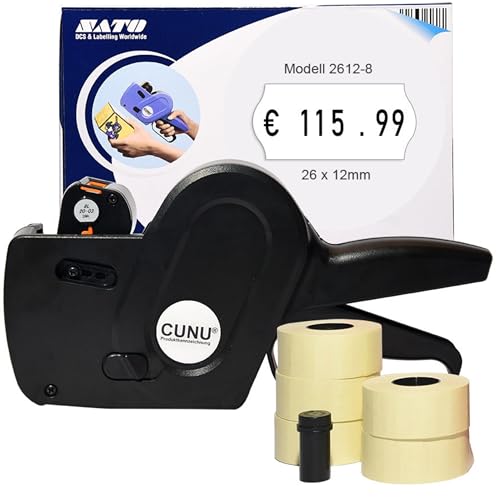 CUNU - Einzeiliger Preisauszeichner für Preise, Datum, Grundpreise & Chargennummern (8 Druckzeichen) - Handauszeichner Gerät einzeilig für 26x12mm Etiketten - Preismaschine/Auszeichner vom Fachhandel von CUNU
