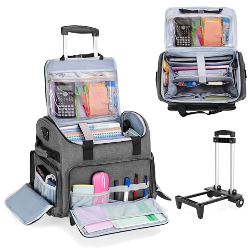 CURMIO Lehrertasche mit Rollen, Lehrer Arbeitstasche mit Erweiterbarer Aktenordner Fach, Rolling Laptoptasche für 15,6” Laptop, Lehrerbedarf, Werkzeuge, Bürobedarf, Kunsthandwerk, Grau von CURMIO