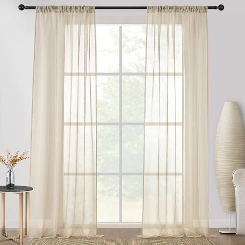 CUTEWIND Vorhang mit Stangendurchzug Voile Vorhänge Schlafzimmer Transparent Vorhang für große Fenster 140x260cm BxH 2er-Pack Beige von CUTEWIND