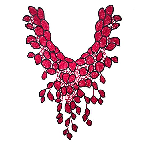 CUTOOP 1 x rote bestickte schwarze Bordüre großer Spitzen-Ausschnitt Brustkragen Floral Blatt Applikation Patches Polyesterstoff DIY Kleidung Kleid Rock Blatt Nähen Handwerk Zubehör von CUTOOP