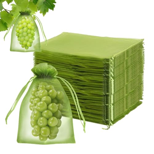 CUVZORA 100 Stück Traubenschutzbeutel, Weintrauben Schutzbeutel, Grün Organzabeutel mit Zugband, Garten Netzbeutel, Schutz vor Kirschessigfliege Wespen and Vögeln(20X30cm) von CUVZORA