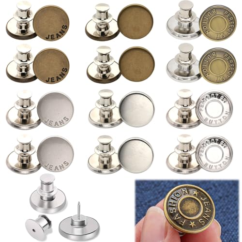 CUVZORA 12 Stück Jeansknopf ohne Nähen, Verstellbare Hosen, 17mm Ersatz Knöpfe, DIY Button Pins Jeans, Jeansknöpfe für Hosenbund enger machen und Jeansreparatur von CUVZORA
