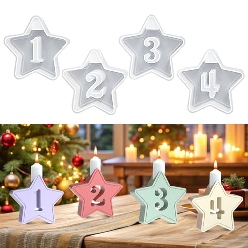 CUVZORA 4 Stück Silikonform Kerzenhalter Weihnachten, 1-4 Zahlen Sterne Gießform Silikon Kerzenhalter, DIY Silikonform, für Bastelarbeiten Gips Kerzen DIY(Sterne) von CUVZORA