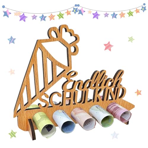 CUVZORA Einschulung Geschenk, Personalisiertes Holz Geldgeschenk mit Segenswünschen, Kreatives Rollgeld Schlitzen für Junge und Mädchen Schulanfang, ideal für Tischdeko, Schultüte und Geschenktüte von CUVZORA