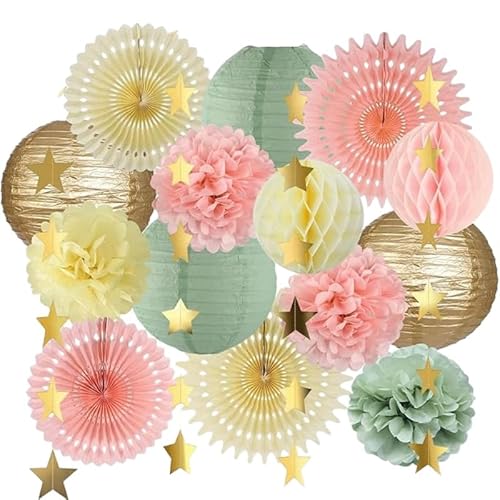 CUVZORA Salbeigrün Rosa Party Deko Set, 15 Stück Papierlampions, Pompons, Papierblumen, Einzigartige Farbkombination Perfekt für Geburtstagsdeko, Hochzeitsdeko, Babyparty, Somme Gartenparty und mehr CUVZORA Salbeigrün Rosa Party Deko Set, 15 Stück Papierlampions, Pompons, Papierblumen, Einzigartige Farbkombination Perfekt für Geburtstagsdeko, Hochzeitsdeko, Babyparty, Somme Gartenparty und mehr von CUVZORA
