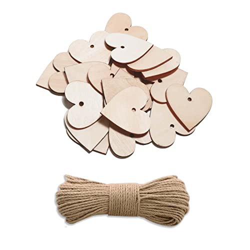 CUWELT 200 Stück 40mm Holzherzen Scheiben mit 30m Jute Schnur, 4cm Holzherzen Hochzeit, Naturholzscheiben mit Loch zum Beschriften, DIY Handwerk Verzierungen, Holzanhänger für Basteln Gästebuch von CUWELT