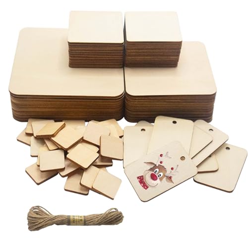 Cuwelt 144 Stück Quadrate Holzscheiben zum Basteln Holzplättchen, 5 Größen Unbehandelte Holz, 2.5mm Dick Quadratisch Holzplatten mit 10M Schnur für DIY Malen Handwerk von CUWELT