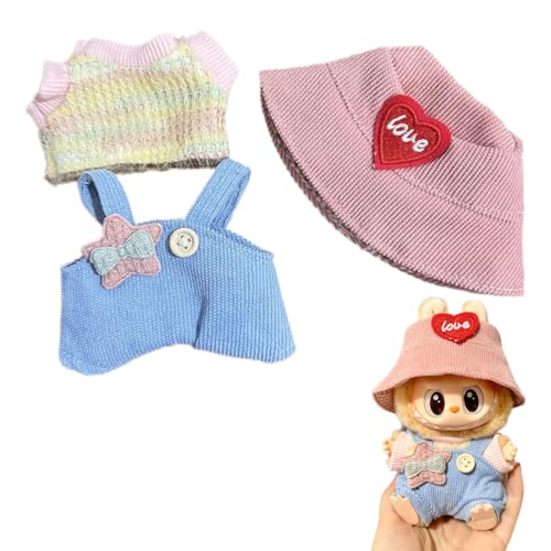 CUZYP 17 cm labubu Kleidung, passend für 17 cm große Labubu-Puppe, rosa Set, 1 rosa Pullover, 1 Blauer Overall, 1 Mütze (Keine Puppe) von CUZYP