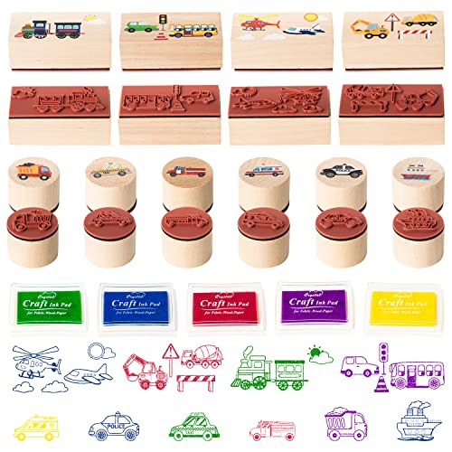 CUweipeng 15Pcs Vehicles Wooden Rubber Stamps DIY Craft Card Stamps Pads, Vehicles Rubber Stamps Ink Pad Set for Kids Stamps, Fabric Wood Paper Art Project Classroom Card Scrapbooking Making Supplies von CUweipeng