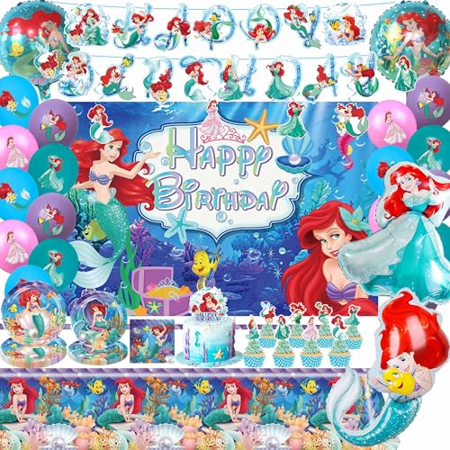 Kindergeburtstagsparty-Dekorationsset – Unterwasserprinzessin Thema (enthält Banner, Folienballons, bedruckte Luftballons, Teller, Servietten) von CVCXFParty