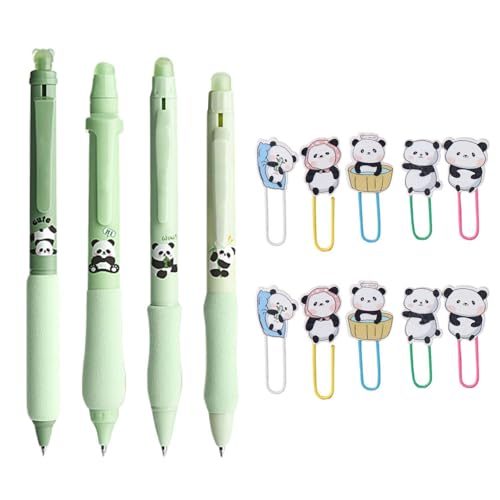 4 Löschbare Panda-Stifte, 10 Stück Panda-Büroklammern, Blaue Mine, Einziehbarer Druckknopf-Kugelschreiber, Niedliches Cartoon-Tier-Briefpapier von CVDYWDJIE