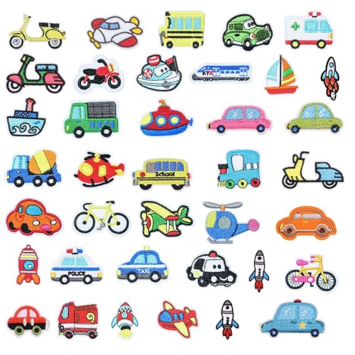 CVDYWDJIE 38 Stück Kinder-Bügelflicken, Fahrzeug-Patch-Set, Auto- Und Schiff-Bestickte Stoffflicken, Kreative Cartoon-Bügelflicken, DIY-Kleidungsflicken von CVDYWDJIE