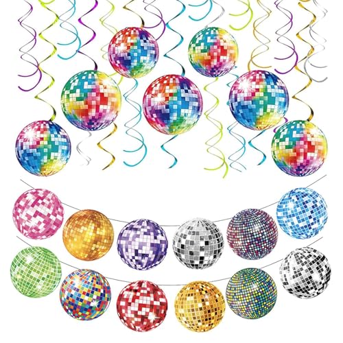 CVDYWDJIE 7 Stück Disco-Anhänger, 1 Stück Disco-Flagge, Bunte Disco-Dekorationen, Spiral-Anhänger, Party-Hintergrund-Requisiten von CVDYWDJIE