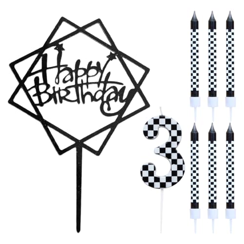 CVDYWDJIE 7 Stück Schwarz-Weiß Karierte Kerzen, 1 Stück Happy Birthday-Einsatz, Geburtstagskuchen-Einsatz, Tortenaufsatz, Geburtstagsparty-Kuchendekoration von CVDYWDJIE