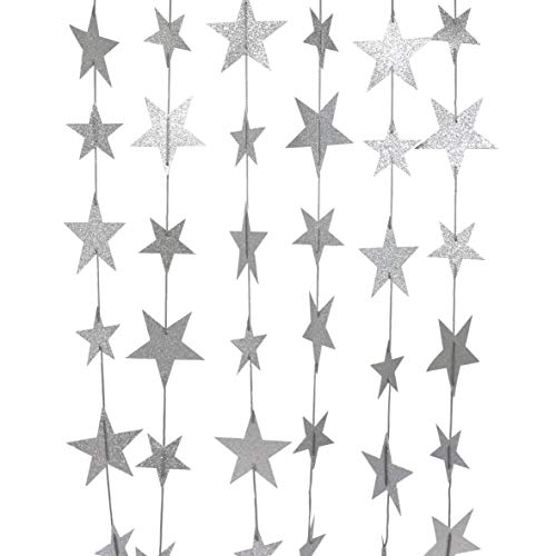 CVHOMEDECO. Twinkle Glittered Paper Star String Star Garland Einzigartiges hängendes Bunting Banner für Festival Home Hintergrunddekoration, 170 cm, Packung mit 2 Stück (Silber) von CVHOMEDECO.