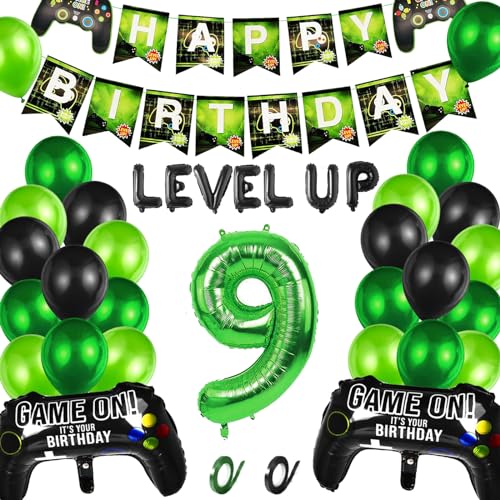 Videospiel 9. Geburtstag Dekorationen, 9. Jahr Jungen Videospiel Grün Luftballon Geburstag Deko mit Banner, 9. Gamer Geburtstag Dekoration Zubehör Set, für Kinder Videospiel Thema Party Zubehör von CWENDANER