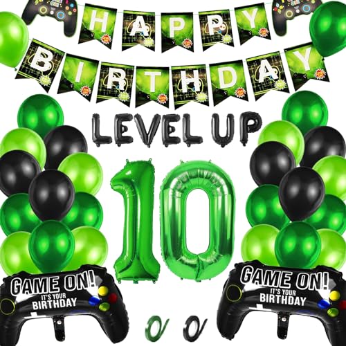 Videospiel 10. Geburtstag Dekorationen, 10. Jahr Jungen Videospiel Grün Luftballon Geburstag Deko mit Banner, 10. Gamer Geburtstag Dekoration Zubehör Set, für Kinder Videospiel Thema Party Zubehör von CWENDANER