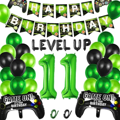 Videospiel 11. Geburtstag Dekorationen, 11. Jahr Jungen Videospiel Grün Luftballon Geburstag Deko mit Banner, 11. Gamer Geburtstag Dekoration Zubehör Set, für Kinder Videospiel Thema Party Zubehör von CWENDANER