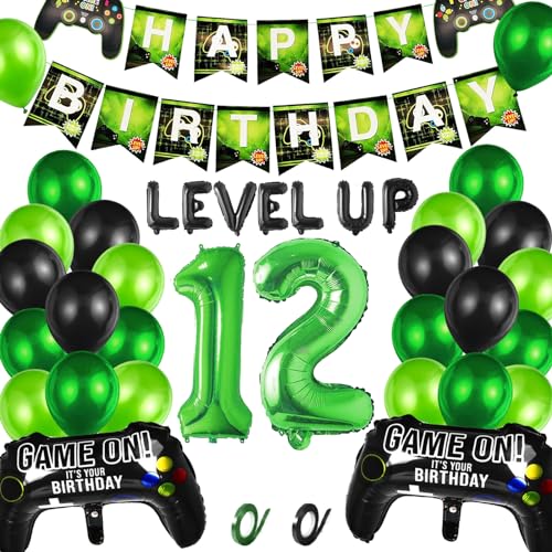Videospiel 12. Geburtstag Dekorationen, 12. Jahr Jungen Videospiel Grün Luftballon Geburstag Deko mit Banner, 12. Gamer Geburtstag Dekoration Zubehör Set, für Kinder Videospiel Thema Party Zubehör von CWENDANER