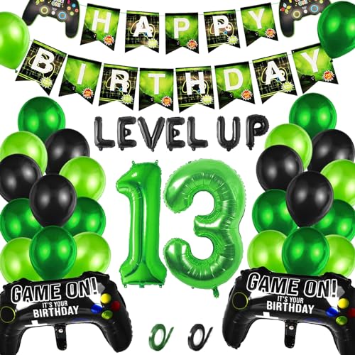 Videospiel 13. Geburtstag Dekorationen, 13. Jahr Jungen Videospiel Grün Luftballon Geburstag Deko mit Banner, 13. Gamer Geburtstag Dekoration Zubehör Set, für Kinder Videospiel Thema Party Zubehör von CWENDANER