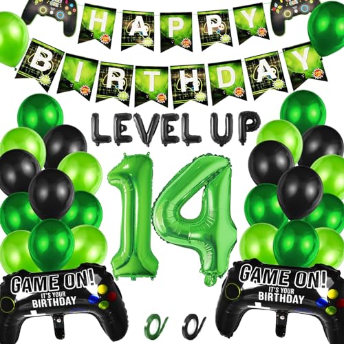 Videospiel 14. Geburtstag Dekorationen, 14. Jahr Jungen Videospiel Grün Luftballon Geburstag Deko mit Banner, 14. Gamer Geburtstag Dekoration Zubehör Set, für Kinder Videospiel Thema Party Zubehör von CWENDANER