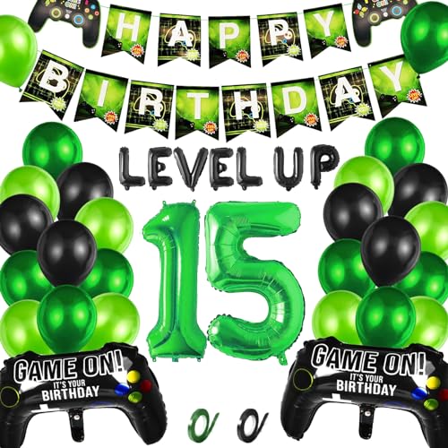 Videospiel 15. Geburtstag Dekorationen, 15. Jahr Jungen Videospiel Grün Luftballon Geburstag Deko mit Banner, 15. Gamer Geburtstag Dekoration Zubehör Set, für Kinder Videospiel Thema Party Zubehör von CWENDANER