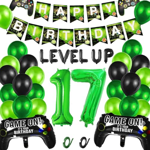 Videospiel 17. Geburtstag Dekorationen, 17. Jahr Jungen Videospiel Grün Luftballon Geburstag Deko mit Banner, 17. Gamer Geburtstag Dekoration Zubehör Set, für Kinder Videospiel Thema Party Zubehör von CWENDANER