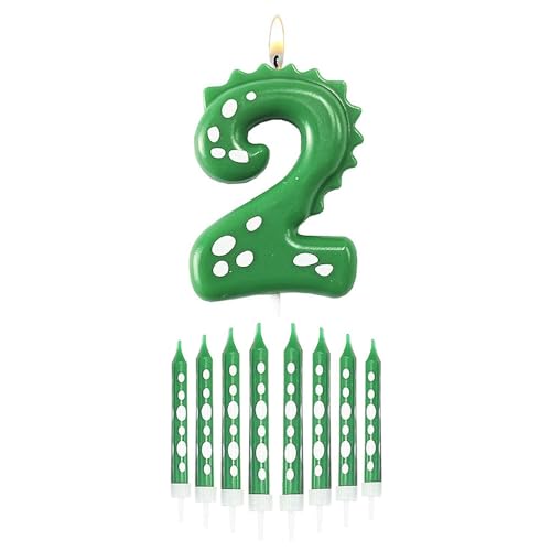 1 Stück Nummer 2 Dinosaurier-Zahlenkerze Und 8 Stück Dinosaurier-Musterkerze, Kuchendekorationskerze, Geburtstagskuchenaufsatz, Kreative Kuchenkerze, Kuchenzubehör von CWPFVQA