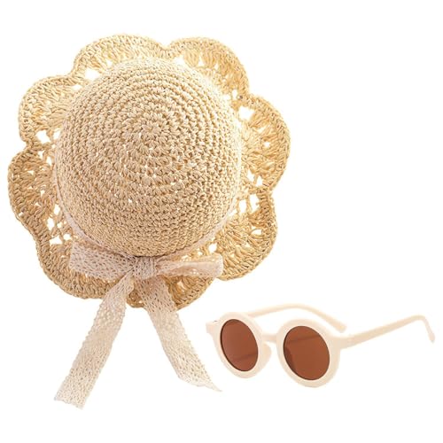 CWPFVQA 1 Stück Kinderstrohhut, 1 Paar Sonnenbrille, Weicher Strohhut, Spitzenstrohhut, Süßer Und Süßer Strohhut Mit Schleifendekoration, Sommerstrandhut CWPFVQA 1 Stück Kinderstrohhut, 1 Paar Sonnenbrille, Weicher Strohhut, Spitzenstrohhut, Süßer Und Süßer Strohhut Mit Schleifendekoration, Sommerstrandhut von CWPFVQA