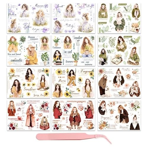 CWPFVQA 12 Bögen Girly-Serie-Aufkleber, 1 Pinzette, Abreibbare Transferaufkleber, Scrapbook-Aufkleber-Set, DIY-Bastelaufkleber-Dekoration, Ästhetische Dekorationsaufkleber CWPFVQA 12 Bögen Girly-Serie-Aufkleber, 1 Pinzette, Abreibbare Transferaufkleber, Scrapbook-Aufkleber-Set, DIY-Bastelaufkleber-Dekoration, Ästhetische Dekorationsaufkleber von CWPFVQA