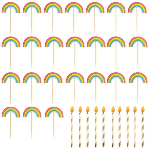 CWPFVQA 24 Stück Regenbogen-Kucheneinsätze, 10 Stück Kerzen-Kucheneinsätze, Bunt, Für Kindergeburtstage & Feierliche Anlässe von CWPFVQA