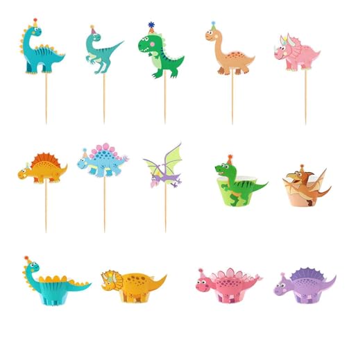 CWPFVQA 32 Stück Dinosaurier-Muffindekorationen, 6 Stück Dinosaurier-Kuchenumrandungen, Dinosaurier-Geburtstagsdekorationen, Dinosaurier-Muffinförmchen, Muffinförmchenpapier Für Kinder von CWPFVQA