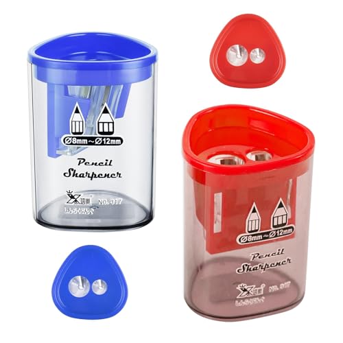 2 Stück Bleistiftspitzer, manueller Bleistiftspitzer mit Behälter, farbiger Kunststoff-Stiftspitzer für Kinder mit Doppellöchern (8 mm, 12 mm), Handbuch für Kinder, Studenten, Schule, Zuhause, Büro von CWWYQ