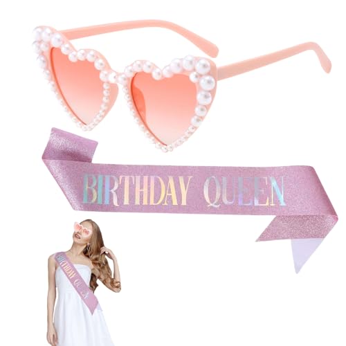 CWWYQ 2-teiliges Brillen-Set für Geburtstagskönigin, Schärpe für Mädchen, Schärpe mit rosa Dekorationen, Herzperlen-Sonnenbrille, Happy Festival, Party-Zubehör für Mädchen, Frauen, Kostümdekoration CWWYQ 2-teiliges Brillen-Set für Geburtstagskönigin, Schärpe für Mädchen, Schärpe mit rosa Dekorationen, Herzperlen-Sonnenbrille, Happy Festival, Party-Zubehör für Mädchen, Frauen, Kostümdekoration von CWWYQ