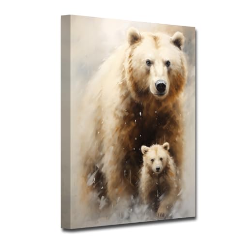 CXHOSTENT Bären Leinwand Wanddrucke Eisbären Mutter und Baby Kunstdrucke Wildtierbilder Tiere Familienwanddekoration für rustikale Hütte (D, 30.00 x 45.00 cms) von CXHOSTENT