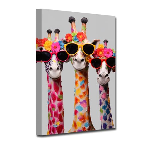 CXHOSTENT Leinwand Wandbilder mit Giraffenfamilie lustige Giraffe mit Brille Kunstdrucke bunte Tierbilder für Kinder Kinderzimmer Raumdekoration (B, 60.00 x 90.00 cms) von CXHOSTENT