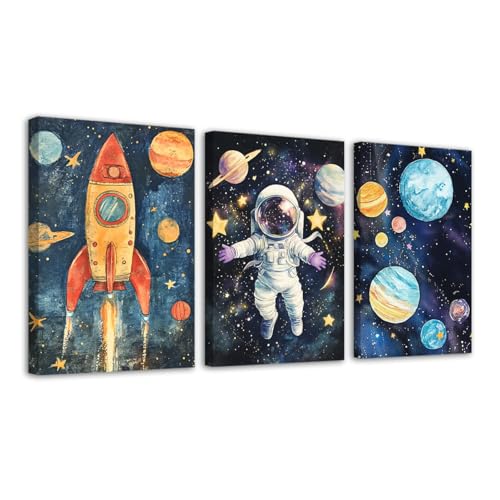 CXHOSTENT Leinwandgemälde für Kinderzimmer, Astronaut, Weltraumplaneten, 3-teiliges Weltraumbild, Rakete, Raumfahrer, Wanddekoration für Kleinkinder, Jungen, Kinderrahmen von CXHOSTENT